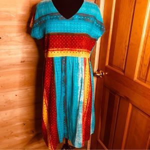 Striped and polka dot midi dress green /blue /red /yellow size Large 100% cotton